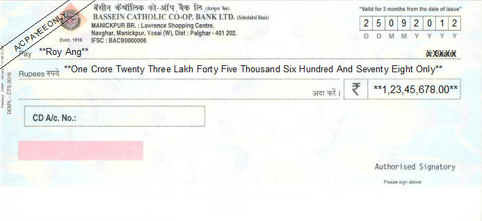 Printed Cheque of Bassein Catholic Co-op Bank in India Printed Cheque of Bassein Catholic Co-op Bank in India