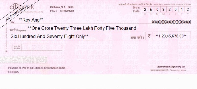 Printed Cheque of Citibank India Printed Cheque of Citibank India