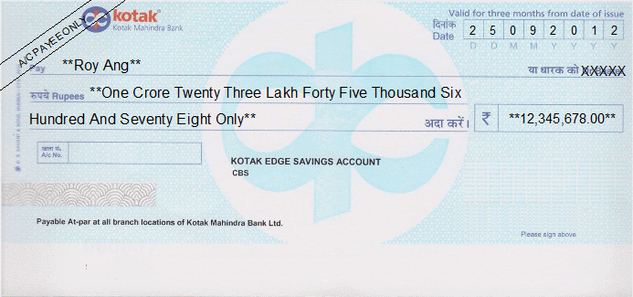 Printed Cheque of Kotak Mahindra Bank India Printed Cheque of Kotak Mahindra Bank India