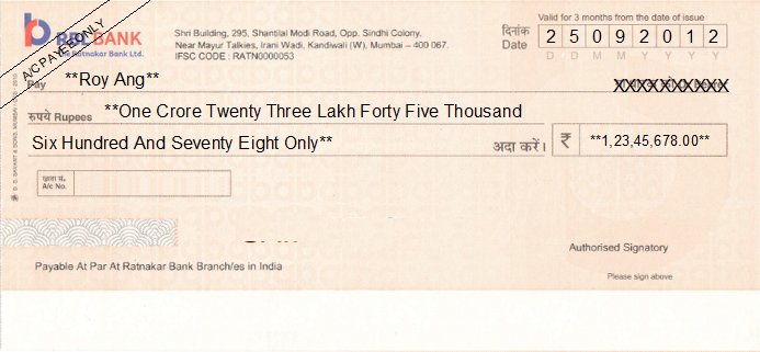 Printed Cheque of RBL Bank (The Ratnakar Bank) India Printed Cheque of RBL Bank (The Ratnakar Bank) India