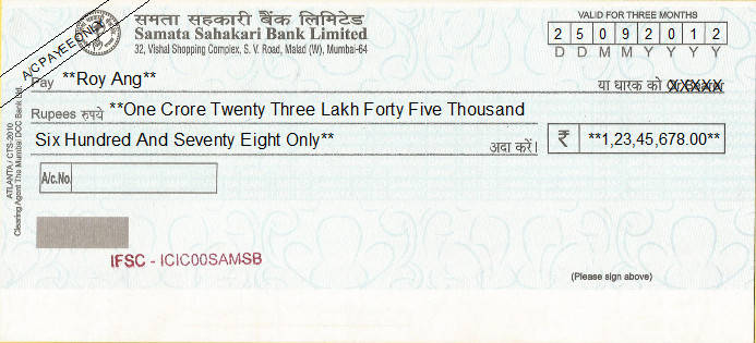 Printed Cheque of Samata Sahakari Bank Limited in India Printed Cheque of Samata Sahakari Bank Limited in India