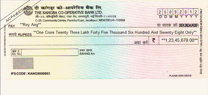 Printed Cheque of The Kangra Co-operative Bank India (Saving A/C) Printed Cheque of The Kangra Co-operative Bank India (Saving A/C)