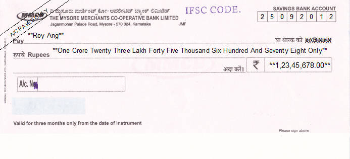 Printed Cheque of The Myshore Merchants Co-operative Bank in India Printed Cheque of The Myshore Merchants Co-operative Bank in India