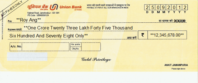 Printed Cheque of Union Bank India Printed Cheque of Union Bank India