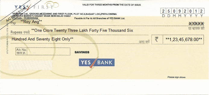Printed Cheque of Yes Bank India Printed Cheque of Yes Bank India